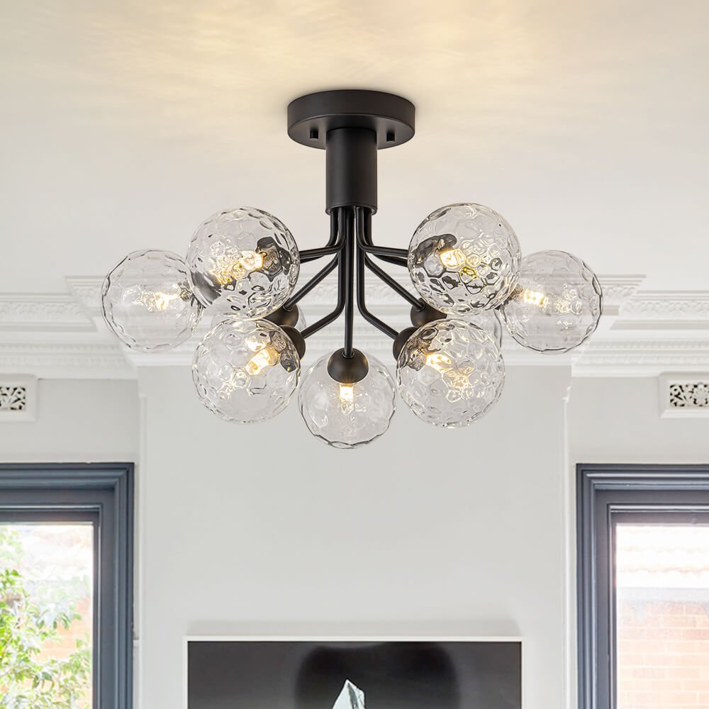 Modern 9 - Light Water Pattern Glass Sputnik Semi - Flush Mount - LightfixturesUAE