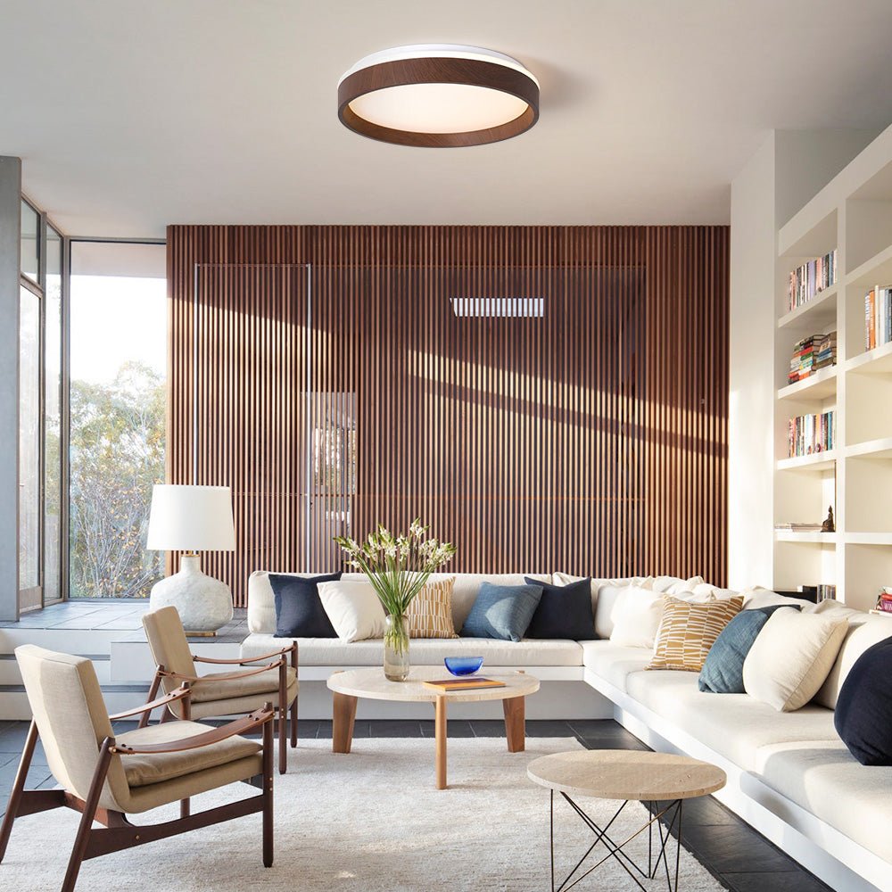Modern Circular Round LED Walnut Flush Mount Ceiling Light - LightfixturesUAE