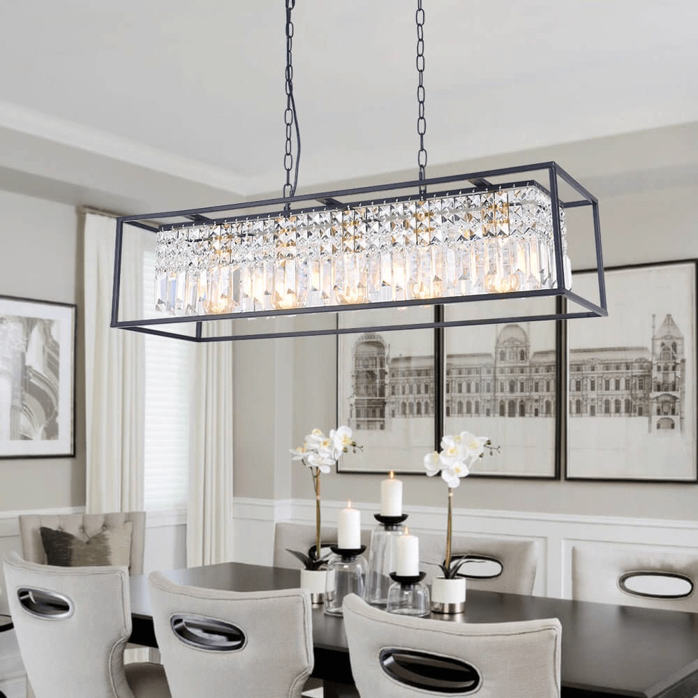 Modern Farmhouse Crystal Strips 5 Light Black Linear Chandelier - LightfixturesUAE