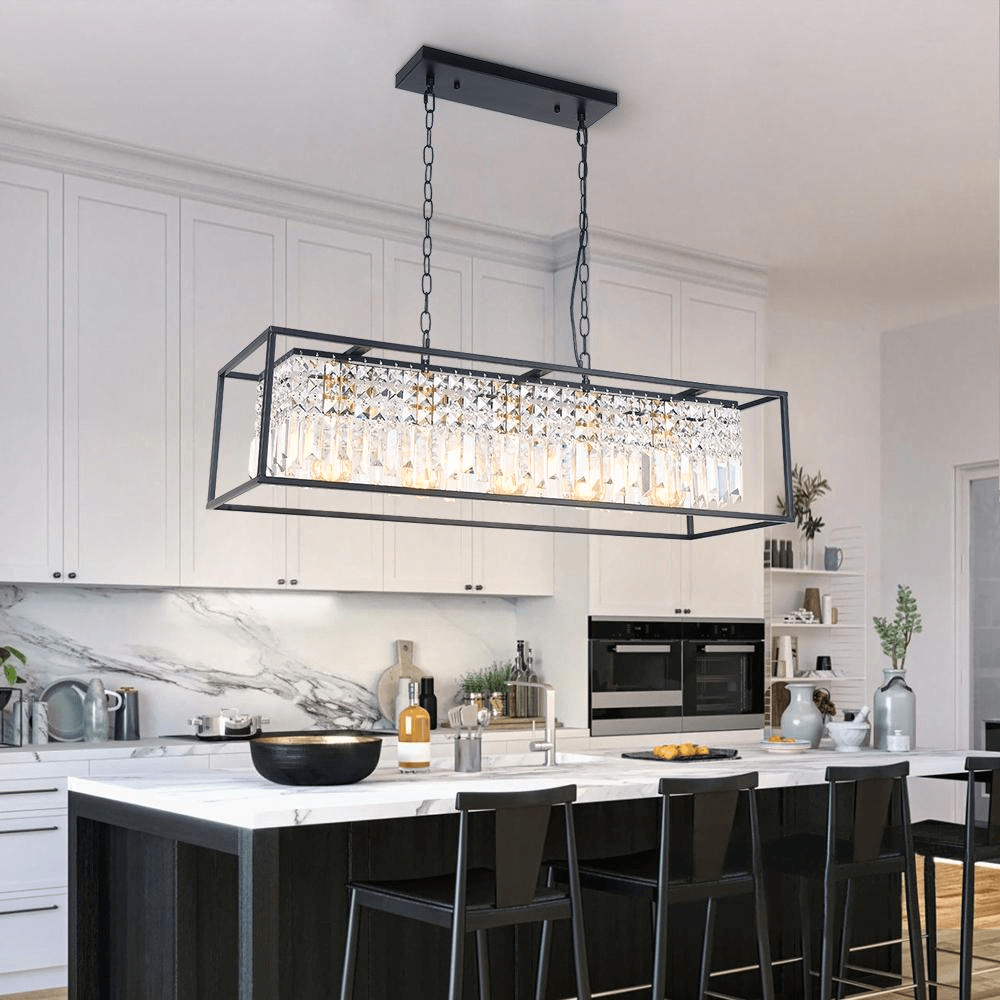 Modern Farmhouse Crystal Strips 5 Light Black Linear Chandelier - LightfixturesUAE