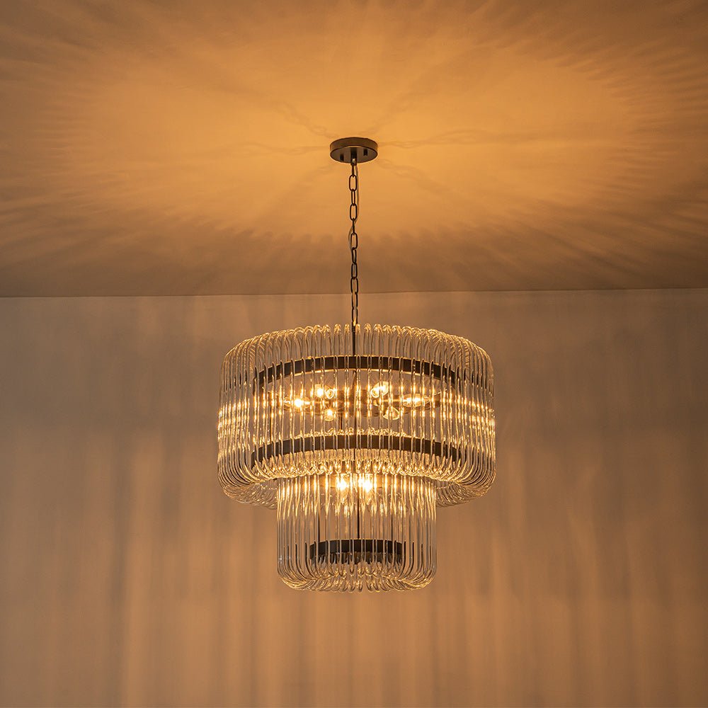 Modern Glam 9 - Light Two - Tiered Glass Rod Round Chandelier - LightfixturesUAE