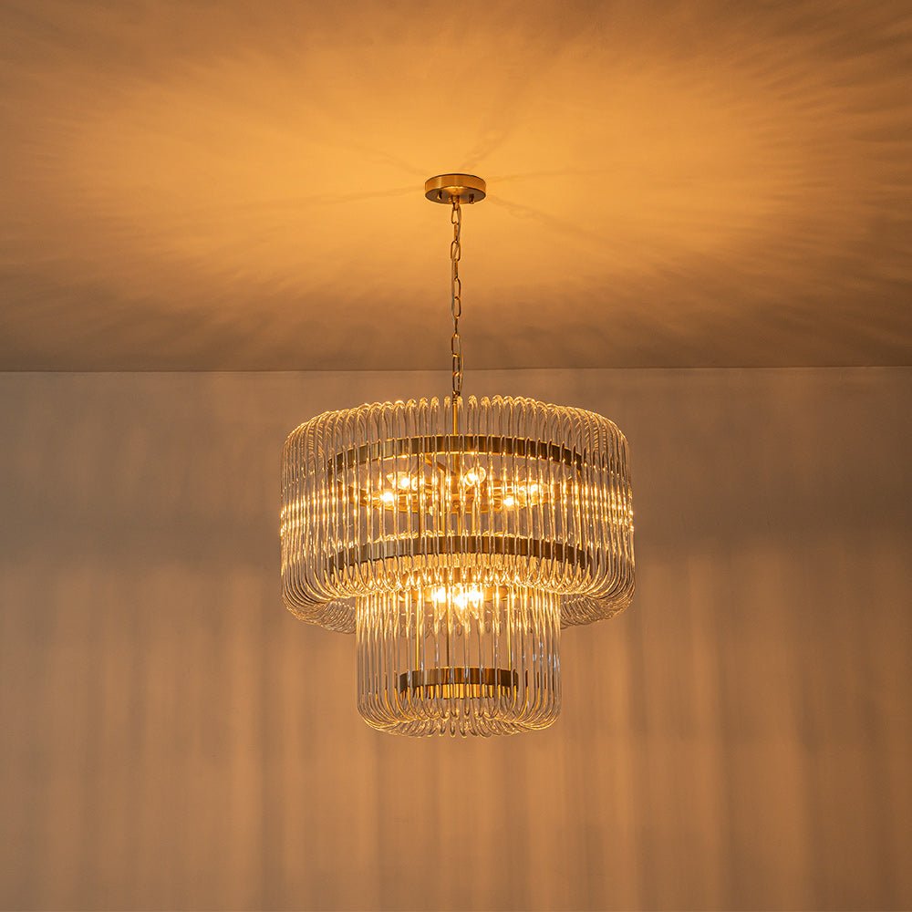 Modern Glam 9 - Light Two - Tiered Glass Rod Round Chandelier - LightfixturesUAE