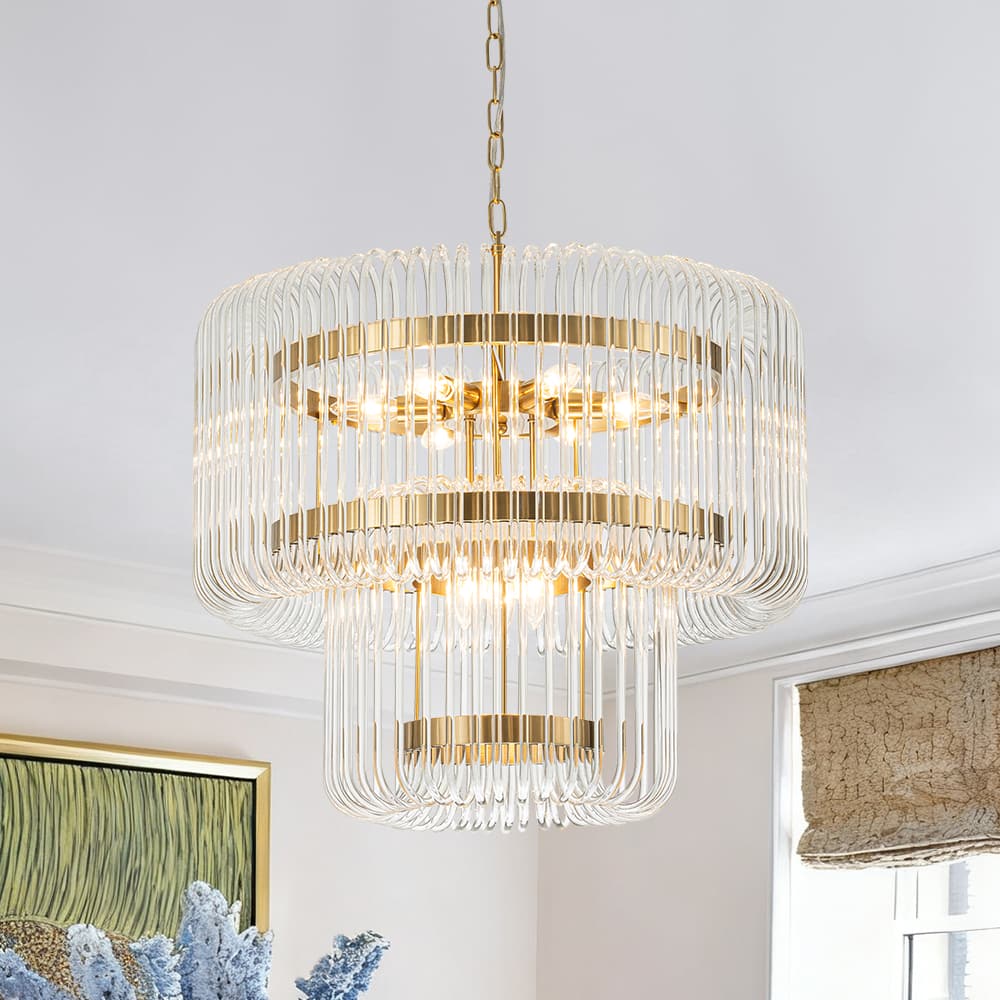 Modern Glam 9 - Light Two - Tiered Glass Rod Round Chandelier - LightfixturesUAE