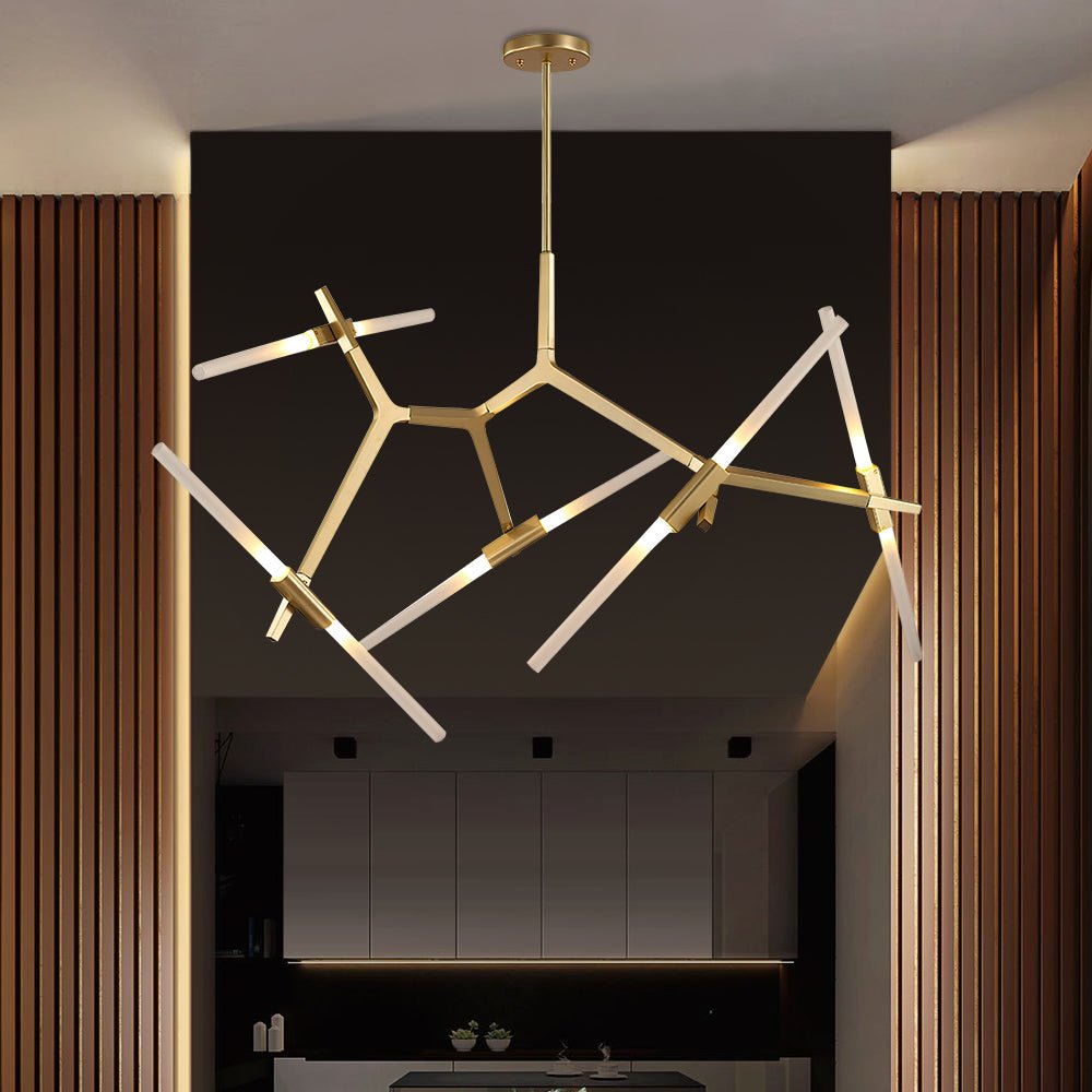 Modern Mid - Century 10 Light Brass Branch Glass Chandelier - LightfixturesUAE