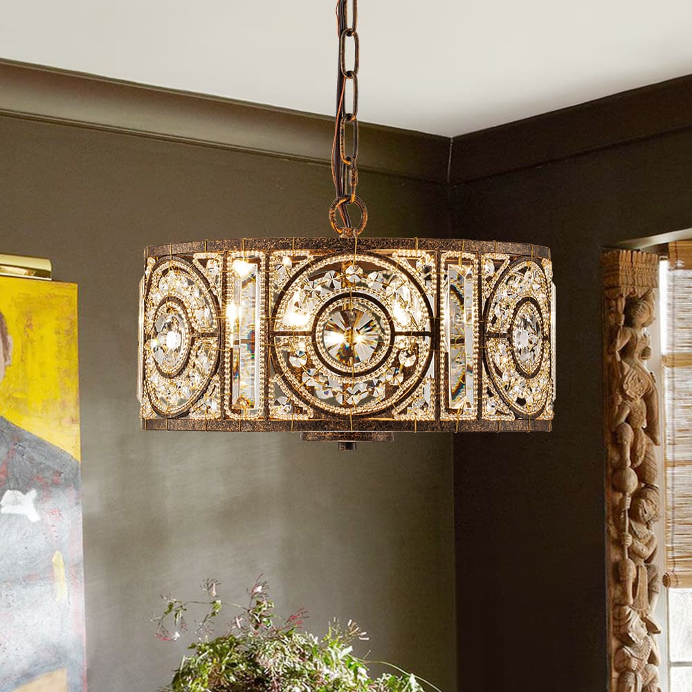 Modern Retro 4 - Light Antique Bronze Round Cage Crystal Chandelier - LightfixturesUAE
