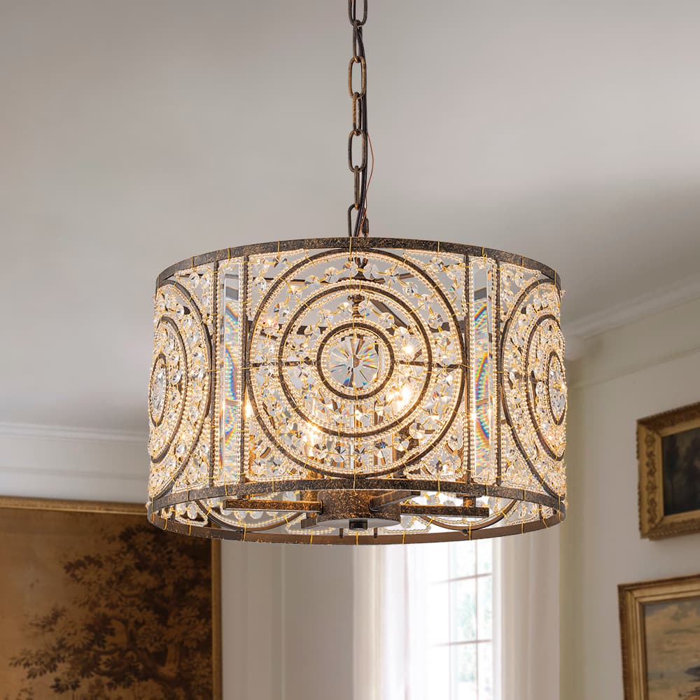 Modern Retro 4 - Light Antique Bronze Round Cage Crystal Chandelier - LightfixturesUAE