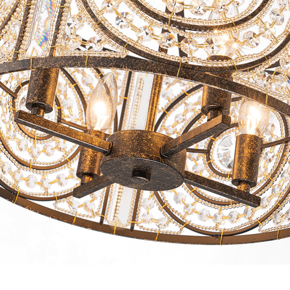 Modern Retro 4 - Light Antique Bronze Round Cage Crystal Chandelier - LightfixturesUAE