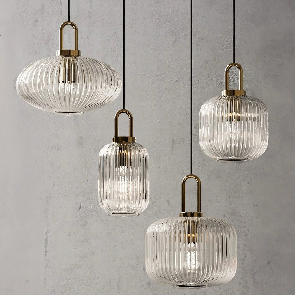 Modern Vintage Stripe Clear Glass Lantern - Shaped Single Pendant Light - LightfixturesUAE
