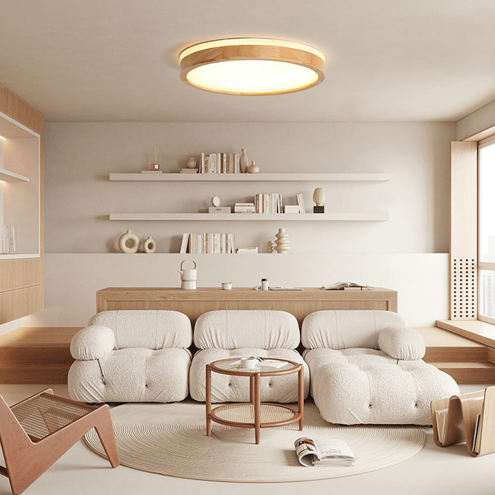 Modern Wooden Round LED Dimmable Flush Mount Ceiling Light - LightfixturesUAE
