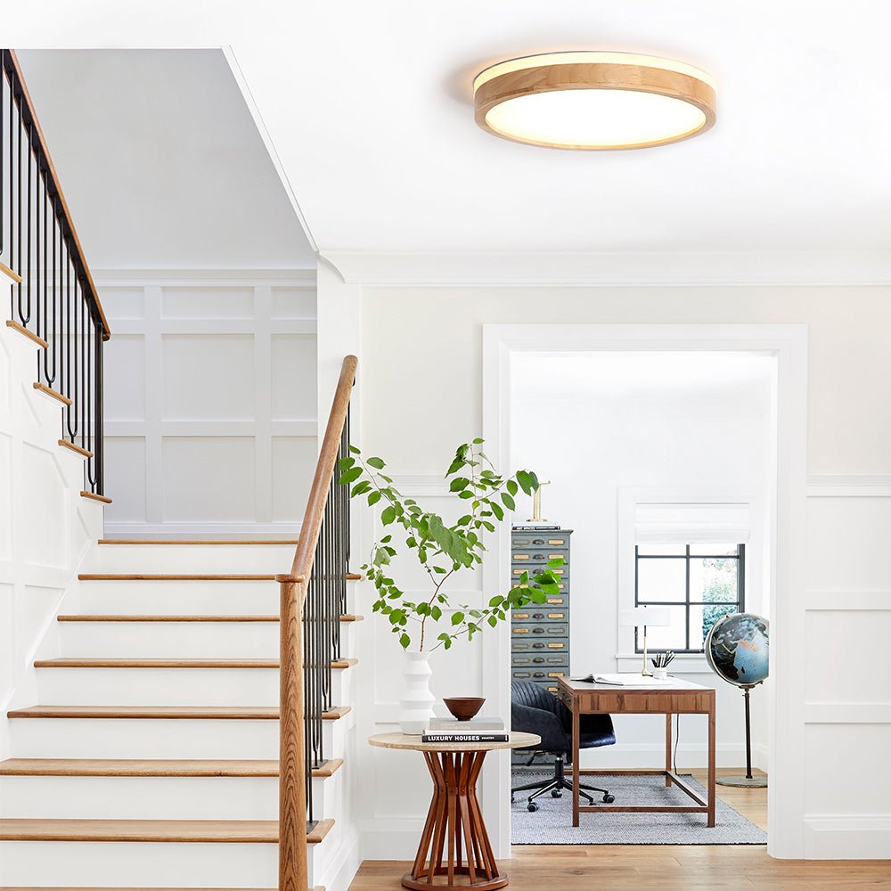 Modern Wooden Round LED Dimmable Flush Mount Ceiling Light - LightfixturesUAE