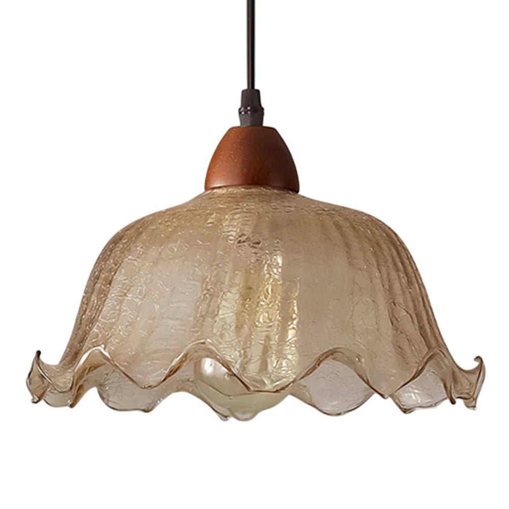 Vintage 1 - Light Amber Crackle Glass Lotus Leaf Ash Wood Pendant Light - LightfixturesUAE