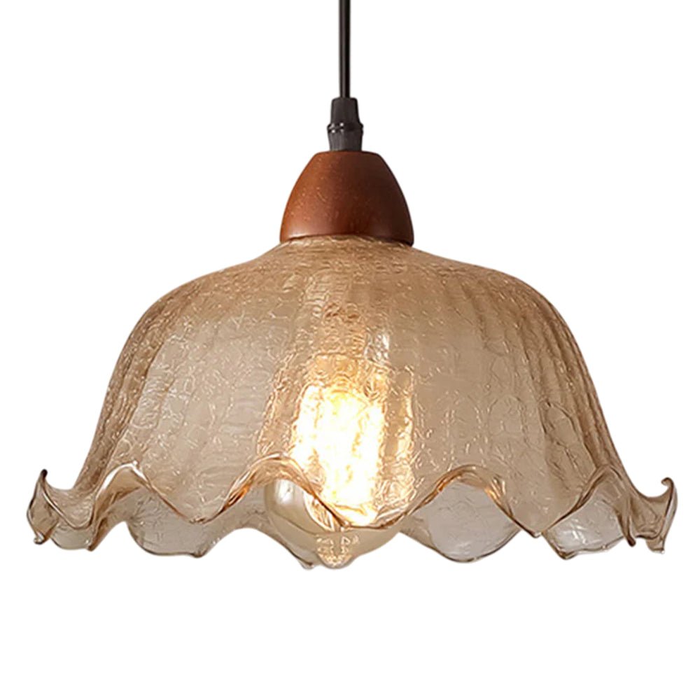Vintage 1 - Light Amber Crackle Glass Lotus Leaf Ash Wood Pendant Light - LightfixturesUAE