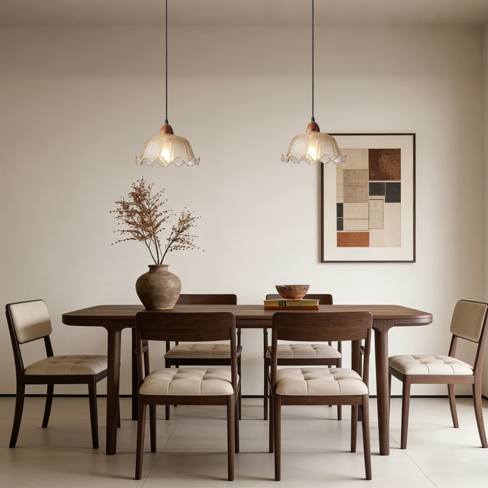Vintage 1 - Light Amber Crackle Glass Lotus Leaf Ash Wood Pendant Light - LightfixturesUAE