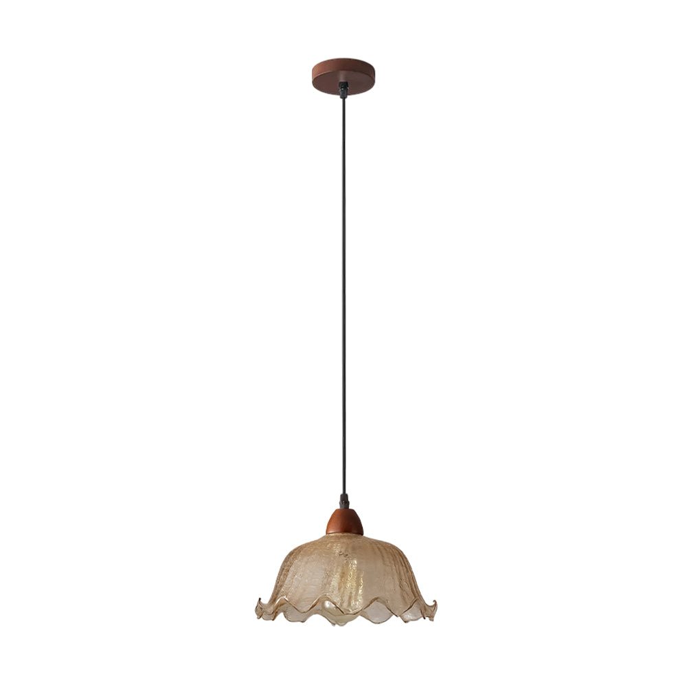Vintage 1 - Light Amber Crackle Glass Lotus Leaf Ash Wood Pendant Light - LightfixturesUAE