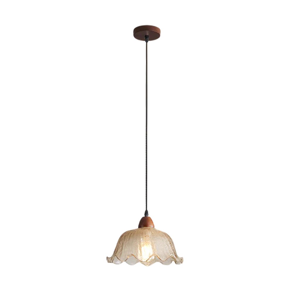 Vintage 1 - Light Amber Crackle Glass Lotus Leaf Ash Wood Pendant Light - LightfixturesUAE