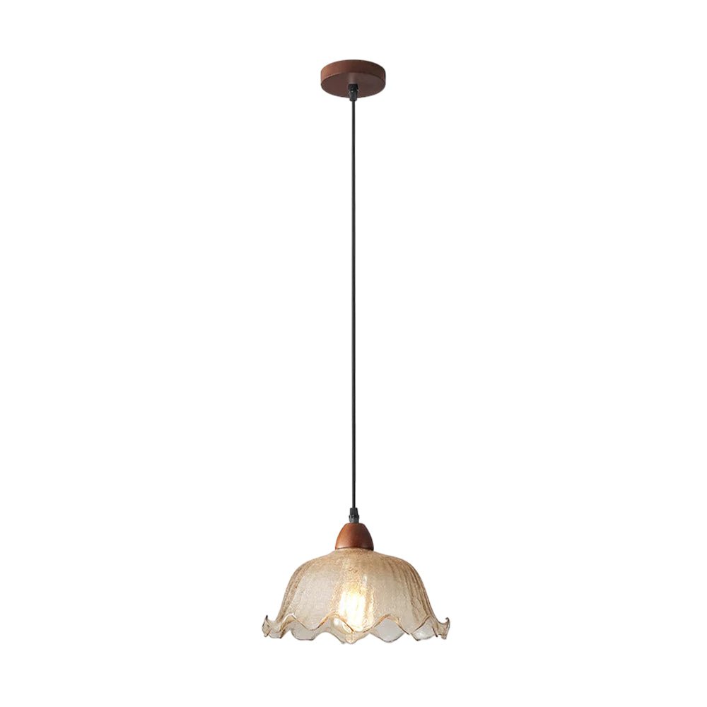 Vintage 1 - Light Amber Crackle Glass Lotus Leaf Ash Wood Pendant Light - LightfixturesUAE
