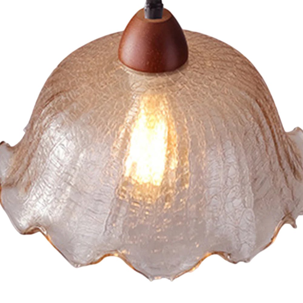 Vintage 1 - Light Amber Crackle Glass Lotus Leaf Ash Wood Pendant Light - LightfixturesUAE