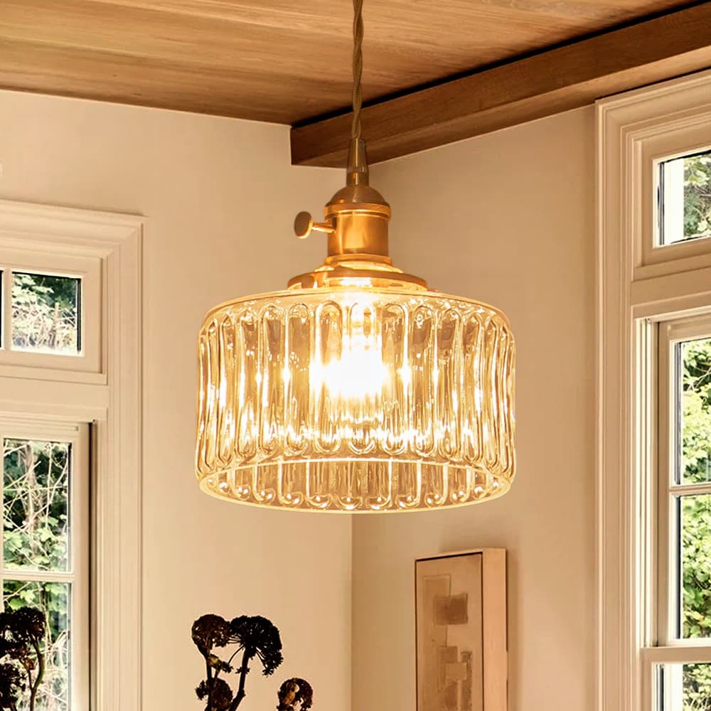 Vintage 1 - Light Striped Glass Drum Pendant Light - LightfixturesUAE