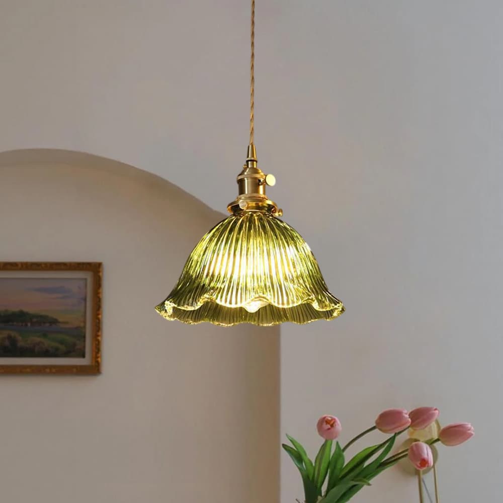 Vintage 1 - Light Striped Glass Flower - Shaped Pendant Light - LightfixturesUAE