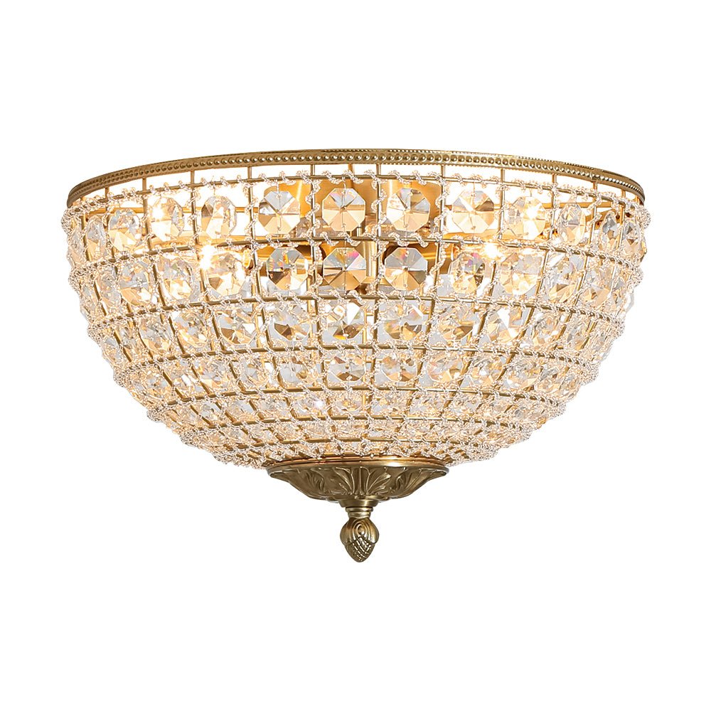 Vintage 3 - Light Brass Crystal Dome - Shaped Cage Flush Mount Ceiling Light - LightfixturesUAE