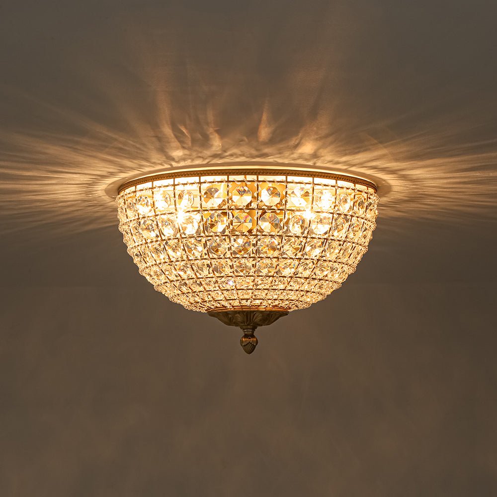 Vintage 3 - Light Brass Crystal Dome - Shaped Cage Flush Mount Ceiling Light - LightfixturesUAE