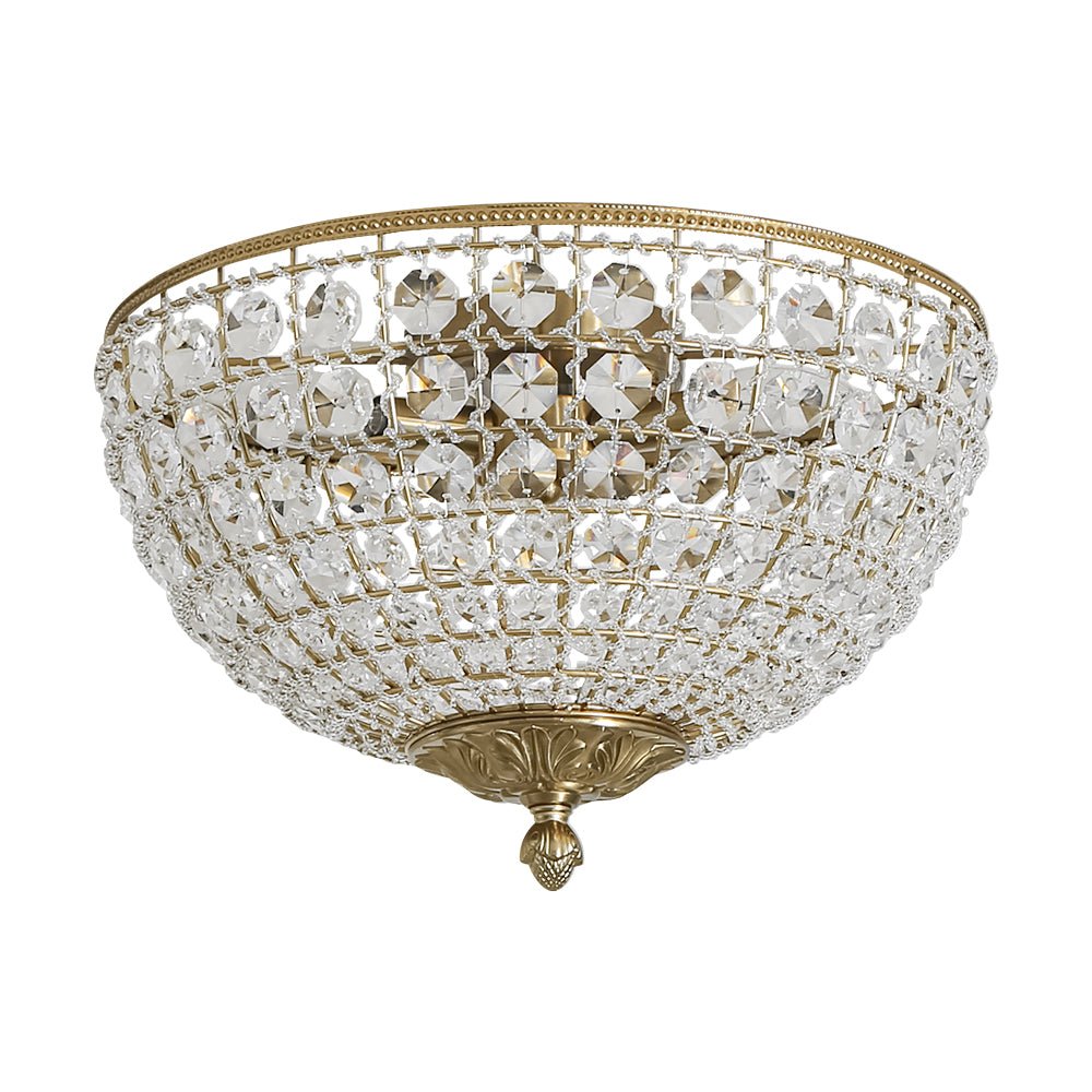 Vintage 3 - Light Brass Crystal Dome - Shaped Cage Flush Mount Ceiling Light - LightfixturesUAE
