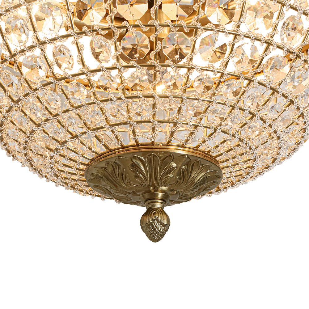Vintage 3 - Light Brass Crystal Dome - Shaped Cage Flush Mount Ceiling Light - LightfixturesUAE