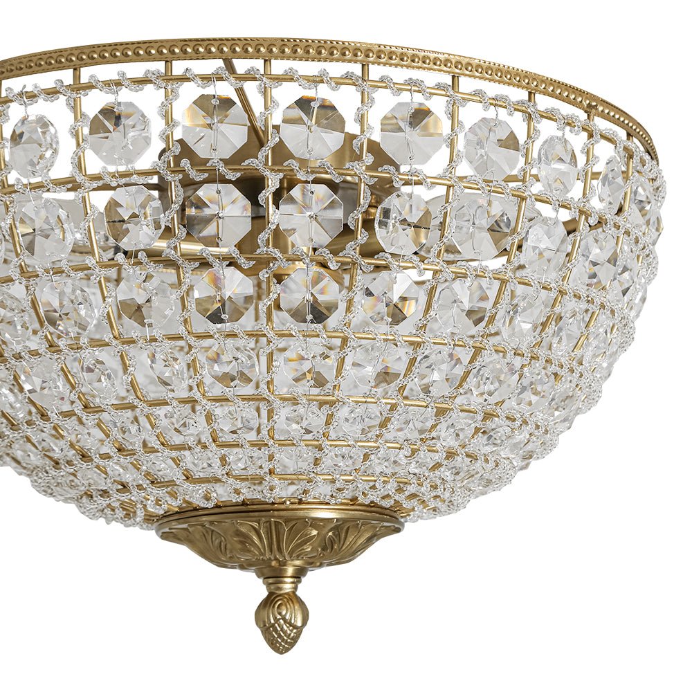 Vintage 3 - Light Brass Crystal Dome - Shaped Cage Flush Mount Ceiling Light - LightfixturesUAE