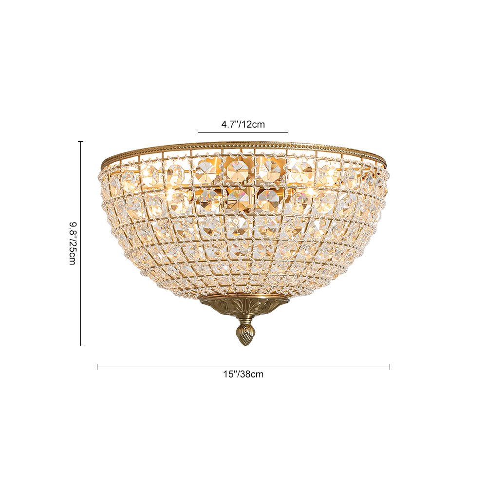 Vintage 3 - Light Brass Crystal Dome - Shaped Cage Flush Mount Ceiling Light - LightfixturesUAE