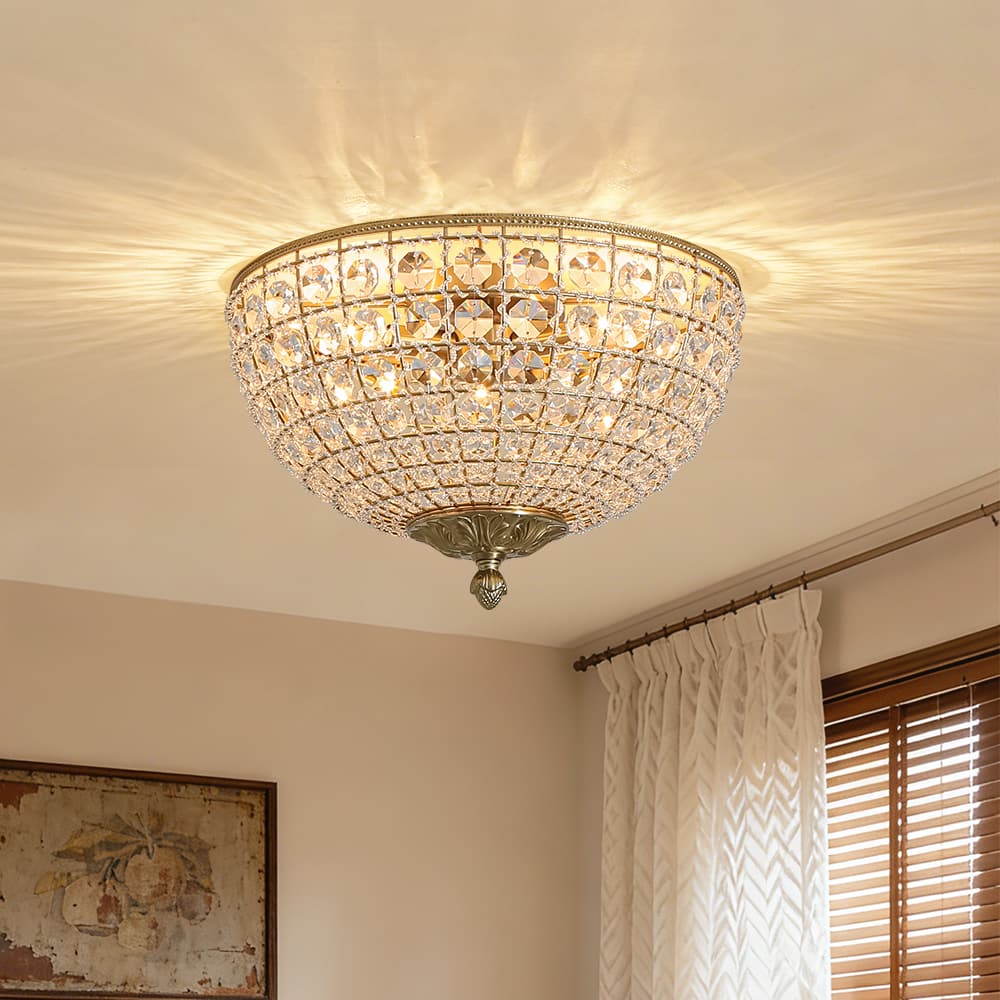 Vintage 3 - Light Brass Crystal Dome - Shaped Cage Flush Mount Ceiling Light - LightfixturesUAE