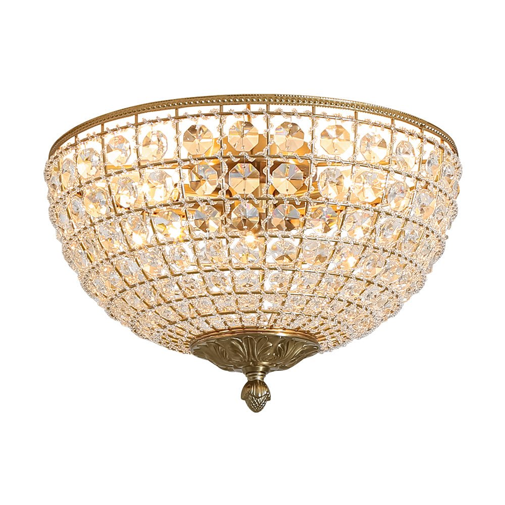 Vintage 3 - Light Brass Crystal Dome - Shaped Cage Flush Mount Ceiling Light - LightfixturesUAE