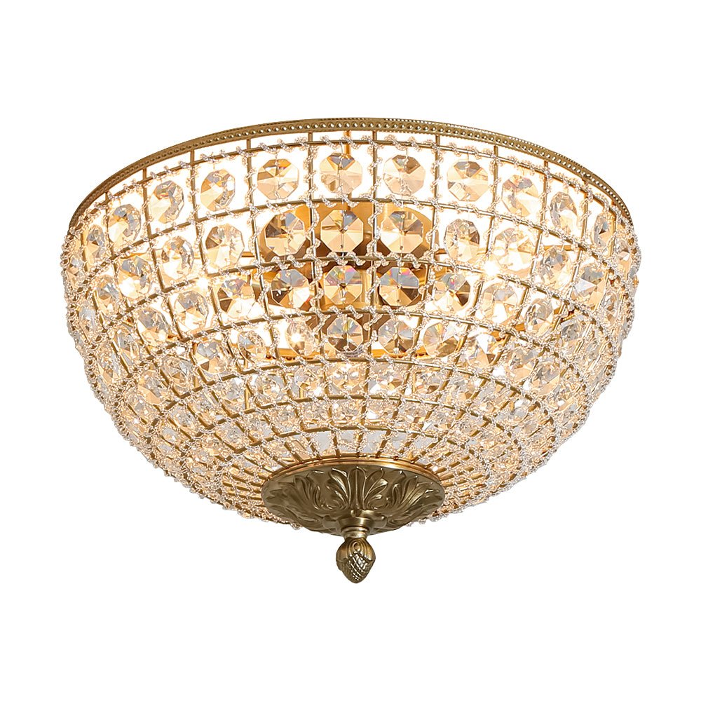 Vintage 3 - Light Brass Crystal Dome - Shaped Cage Flush Mount Ceiling Light - LightfixturesUAE