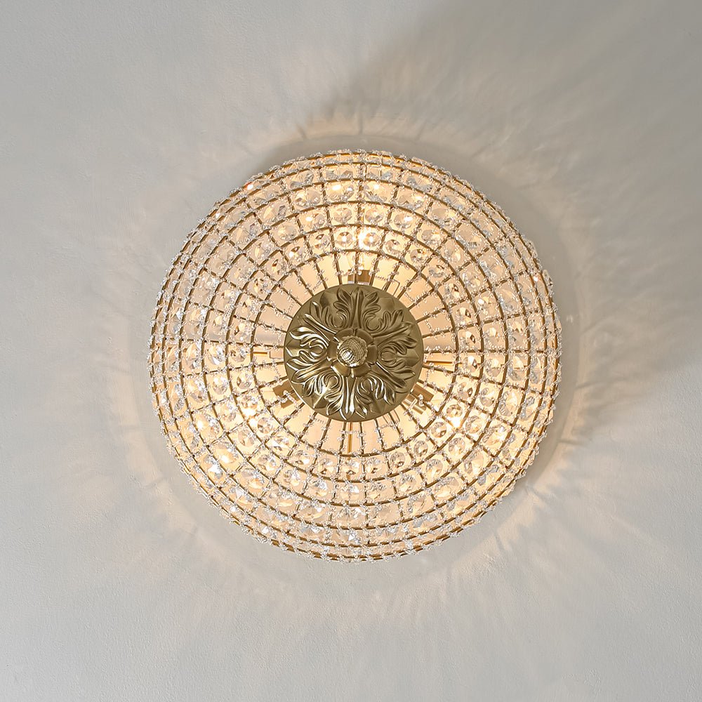 Vintage 3 - Light Brass Crystal Dome - Shaped Cage Flush Mount Ceiling Light - LightfixturesUAE