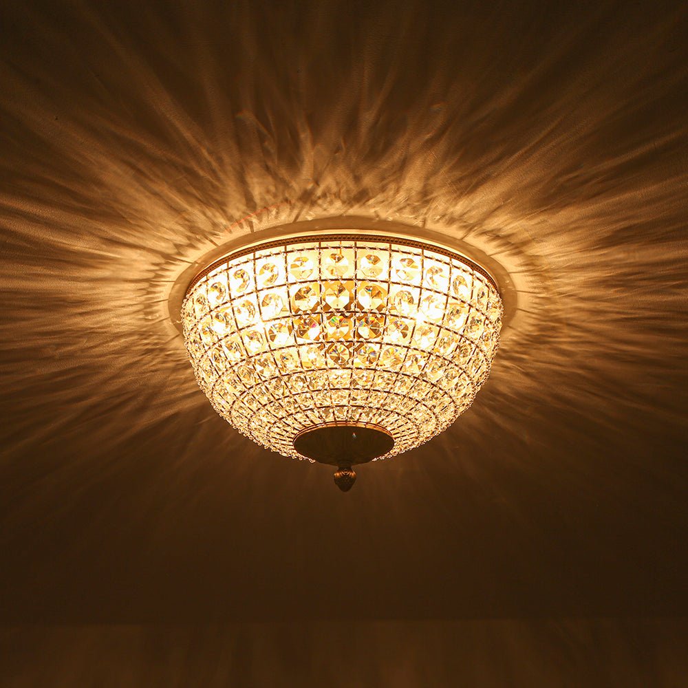 Vintage 3 - Light Brass Crystal Dome - Shaped Cage Flush Mount Ceiling Light - LightfixturesUAE