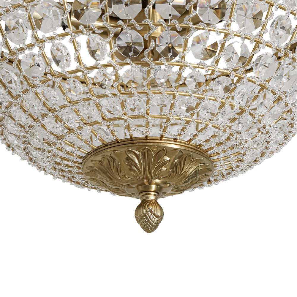 Vintage 3 - Light Brass Crystal Dome - Shaped Cage Flush Mount Ceiling Light - LightfixturesUAE