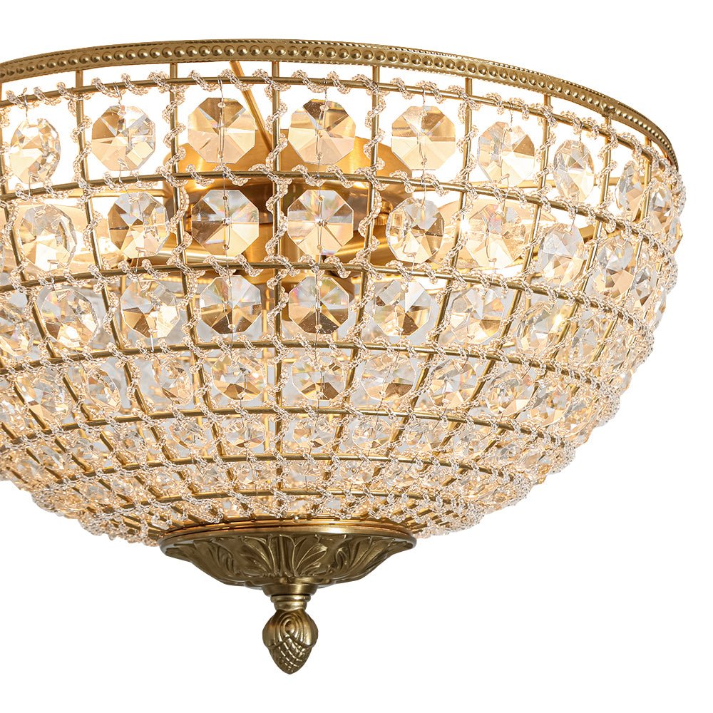 Vintage 3 - Light Brass Crystal Dome - Shaped Cage Flush Mount Ceiling Light - LightfixturesUAE