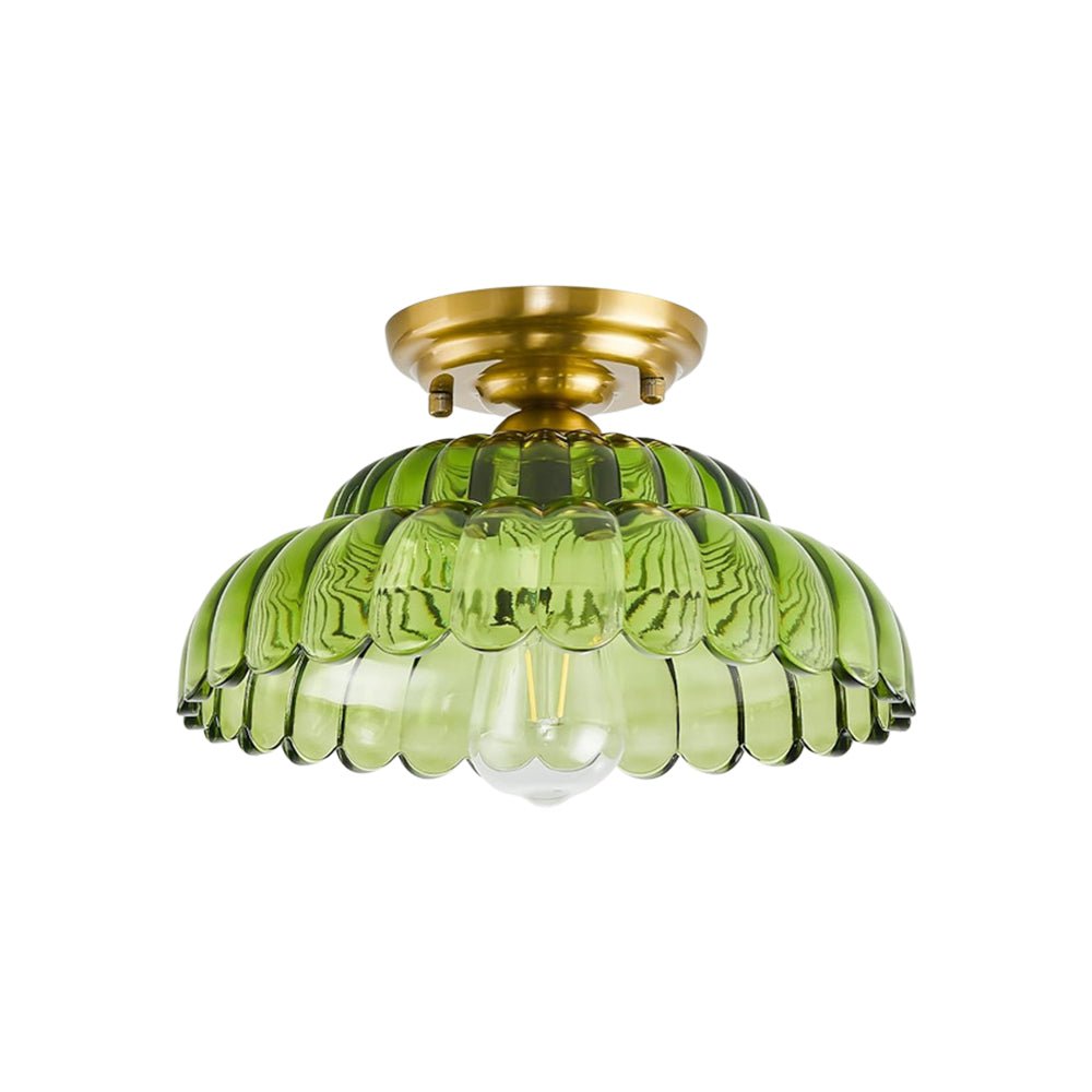 Vintage Green Striped Glass Double - Layer Floral Semi - Flush Mount Ceiling Light - LightfixturesUAE