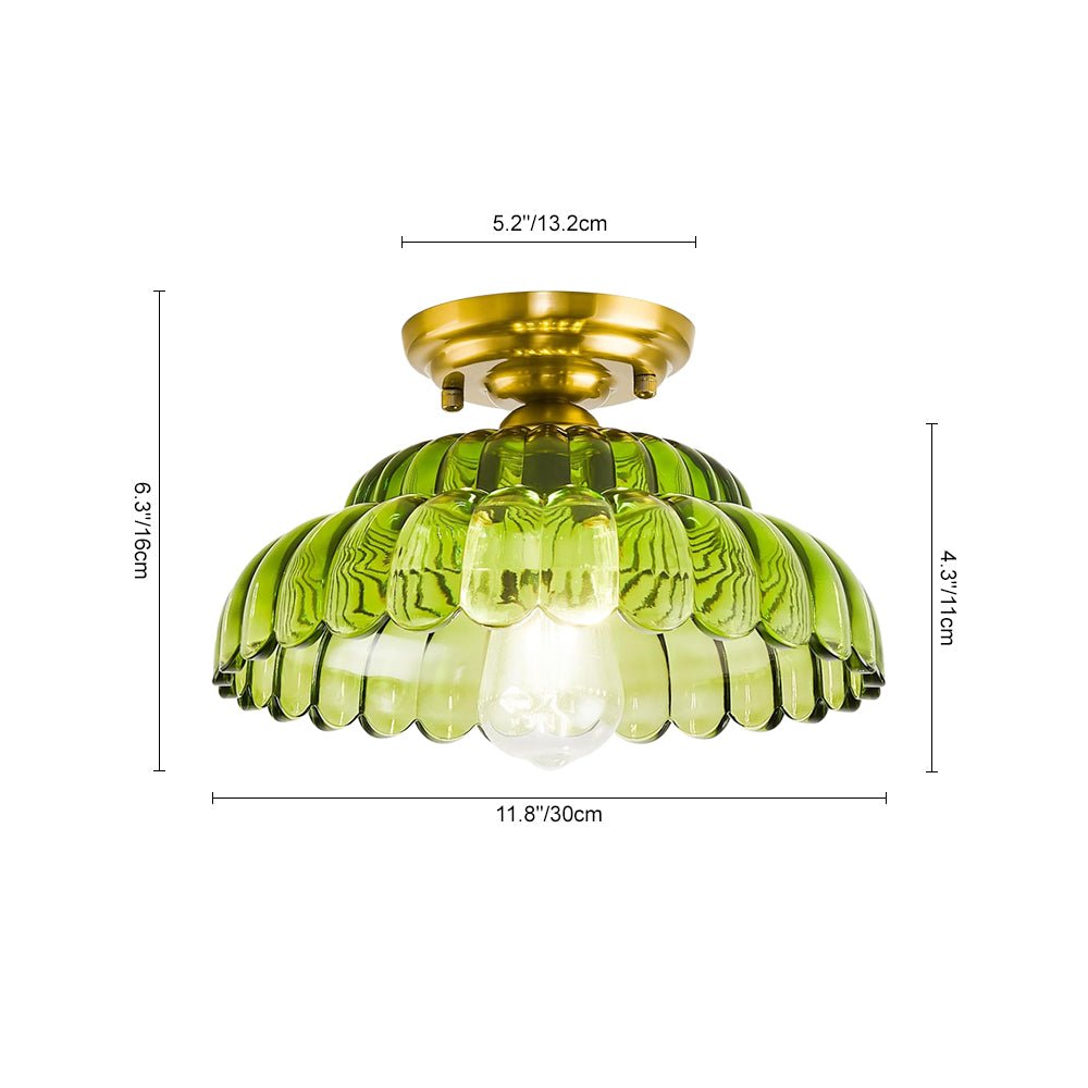 Vintage Green Striped Glass Double - Layer Floral Semi - Flush Mount Ceiling Light - LightfixturesUAE