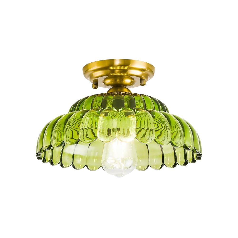 Vintage Green Striped Glass Double - Layer Floral Semi - Flush Mount Ceiling Light - LightfixturesUAE