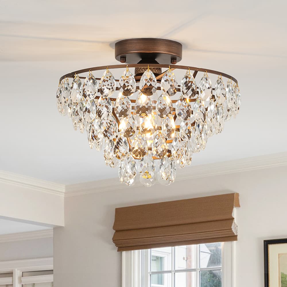 Vintage Single - Light Pyramid - Shape Teardrop Crystal Metal Semi Flush Mount Ceiling Light - LightfixturesUAE
