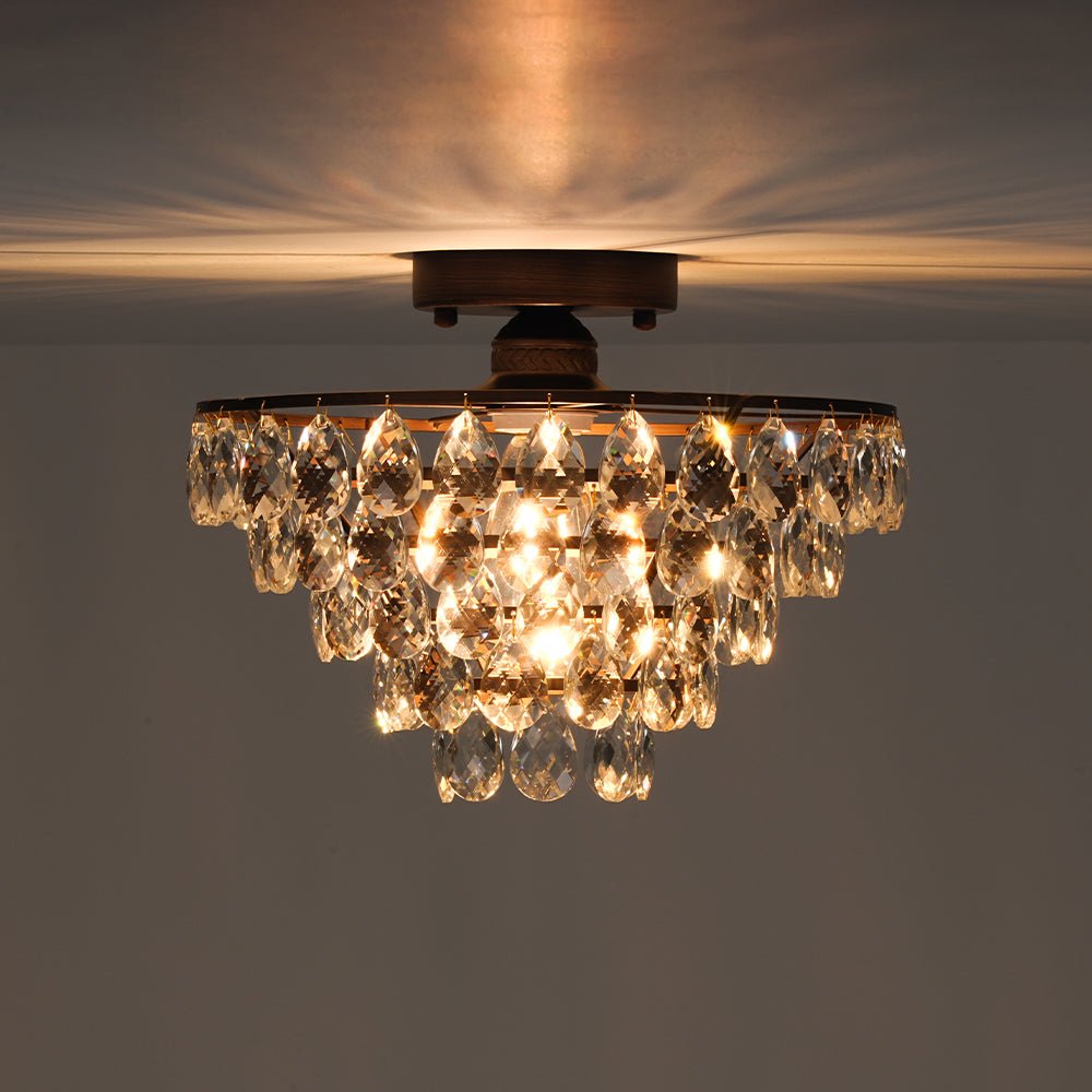 Vintage Single - Light Pyramid - Shape Teardrop Crystal Metal Semi Flush Mount Ceiling Light - LightfixturesUAE