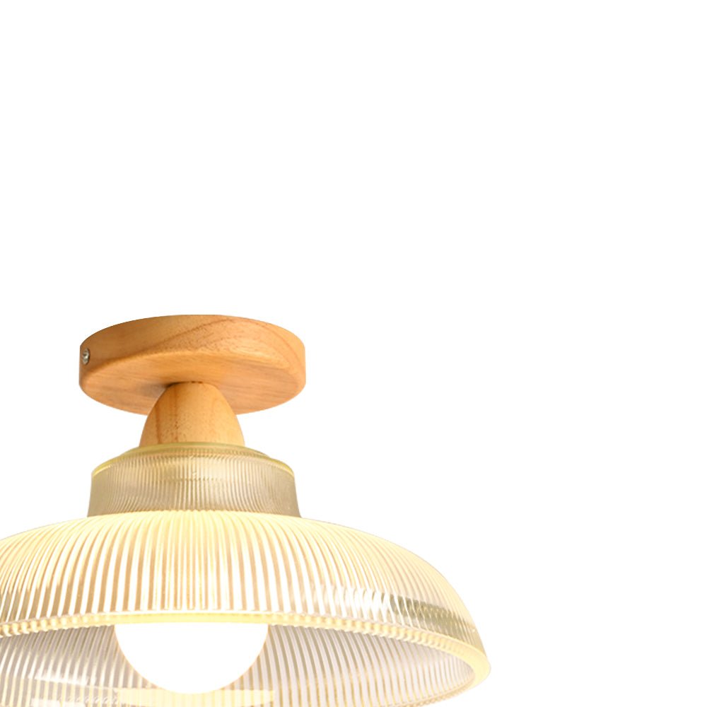 Vintage Wooden Ribbed Glass Dome - Shaped Semi - Flush Ceiling Light - LightfixturesUAE