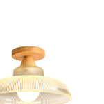 Vintage Wooden Ribbed Glass Dome - Shaped Semi - Flush Ceiling Light - LightfixturesUAE