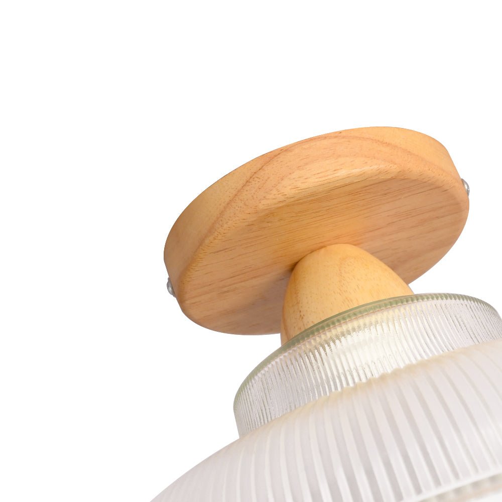 Vintage Wooden Ribbed Glass Dome - Shaped Semi - Flush Ceiling Light - LightfixturesUAE