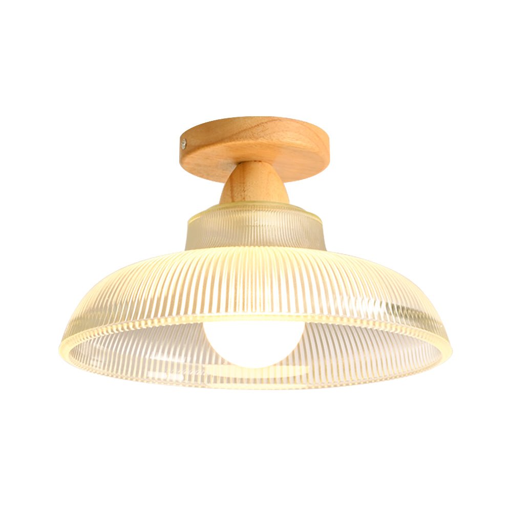Vintage Wooden Ribbed Glass Dome - Shaped Semi - Flush Ceiling Light - LightfixturesUAE