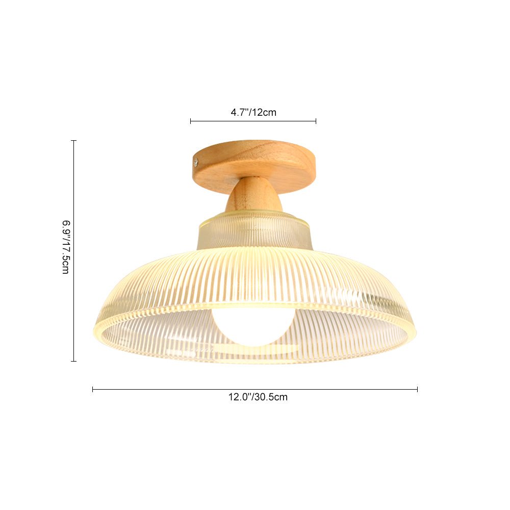 Vintage Wooden Ribbed Glass Dome - Shaped Semi - Flush Ceiling Light - LightfixturesUAE